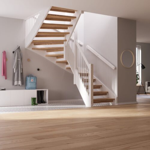 Solid 4.4.1 entirely in wood, white painted pine and matt varnished oak.