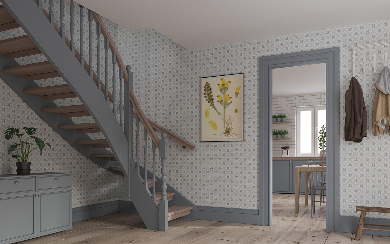Match the color of the stairs with other wooden details in the interior, here in the same color as the moldings and lining.