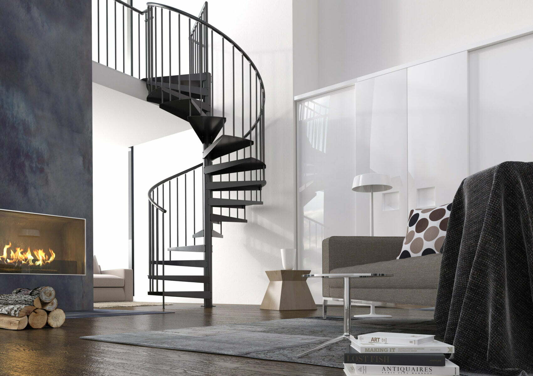 Pure black, steel spiral staircase.