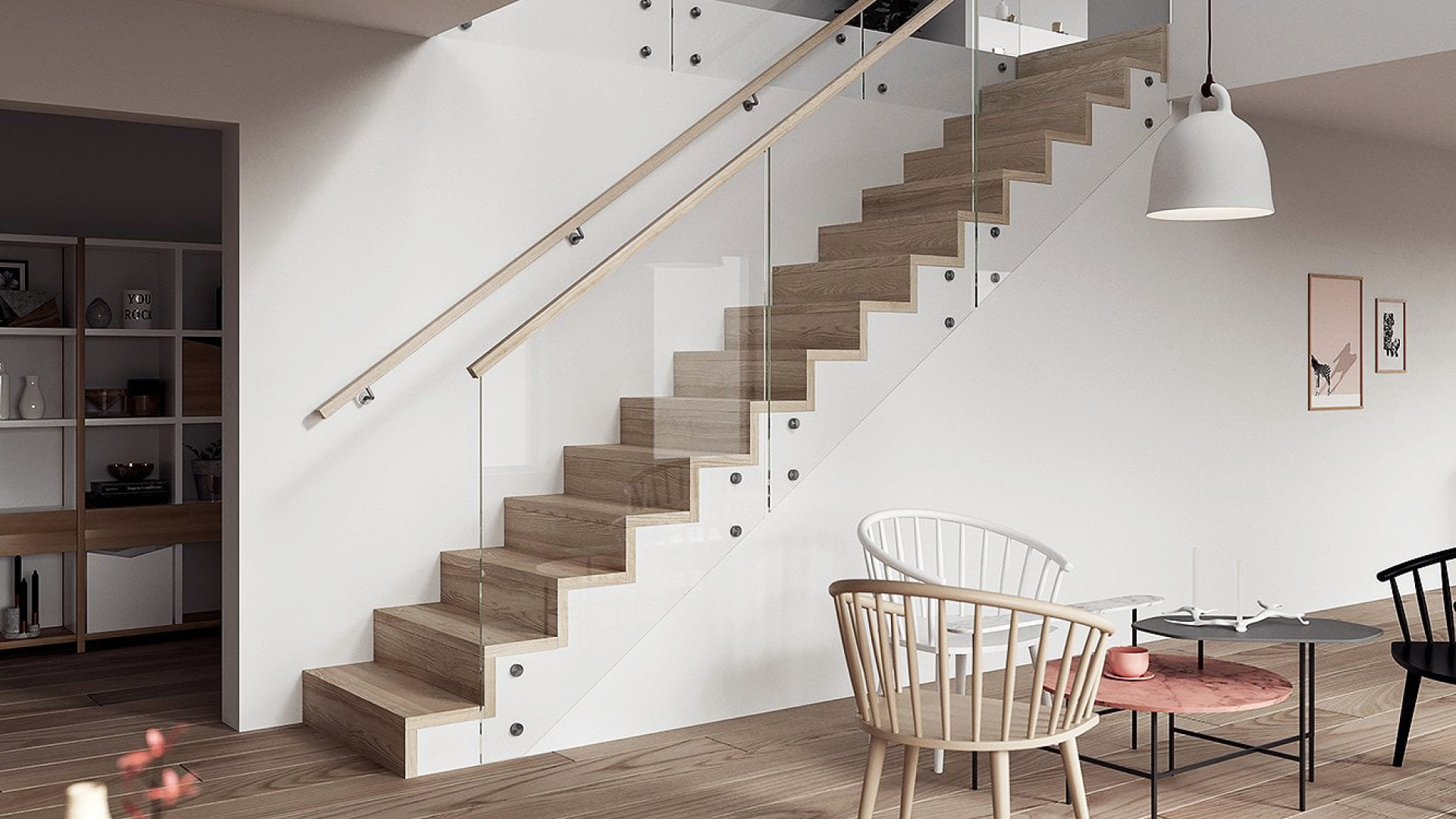 staircase with glass railing